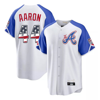 Atlanta Braves #44 Hank Aaron Player White MIKSHPS USA 250 Fourth Of July City Connect Home Game Stitched Jerseys