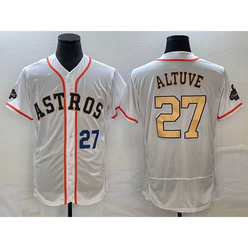 Houston Astros #27 Jose Altuve Number 2023 White MIKSHPS Gold World Serise Champions Patch Flex Base Stitched Jersey 2