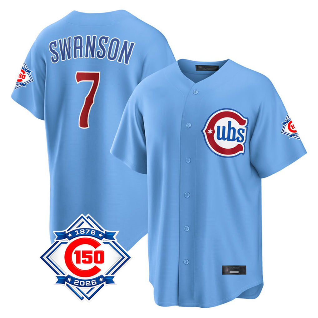Chicago Cubs #7 Dansby Swanson Player Light Blue MIKSHPS 150th Anniversary Home Game Stitched Jerseys