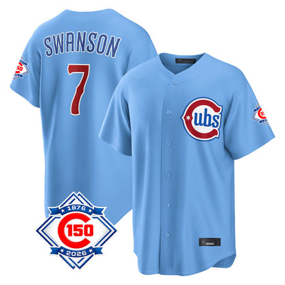 Chicago Cubs #7 Dansby Swanson Player Light Blue MIKSHPS 150th Anniversary Home Game Stitched Jerseys