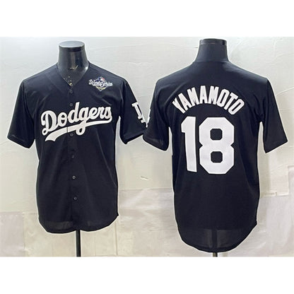 Los Angeles Dodgers #18 Yoshinobu Yamamoto Black MIKSHPS 2025 World Series Patch Cool Base Stitched Jersey