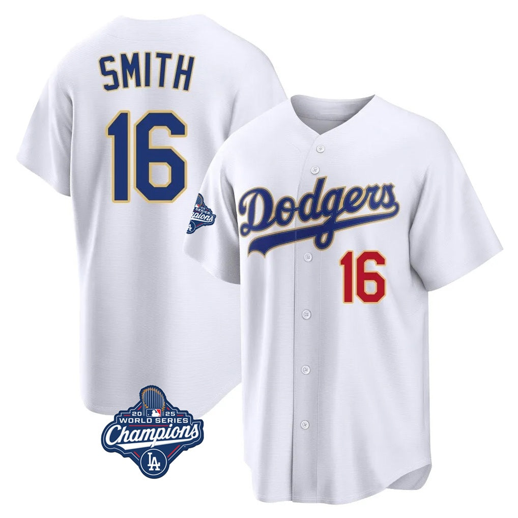 Los Angeles Dodgers #16 Will Smith Player Gold White MIKSHPS World Series Meet 2026 Collection Stadium Limited Stitched Jerseys
