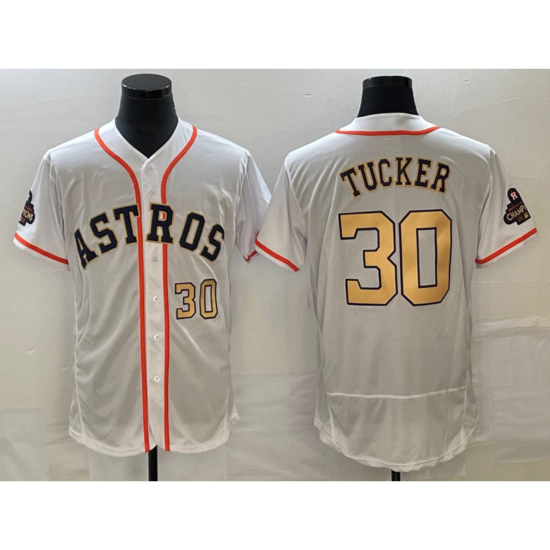Houston Astros #30 Kyle Tucker Number 2023 White Gold MIKSHPS World Serise Champions Patch Flex Base Stitched Jersey 2