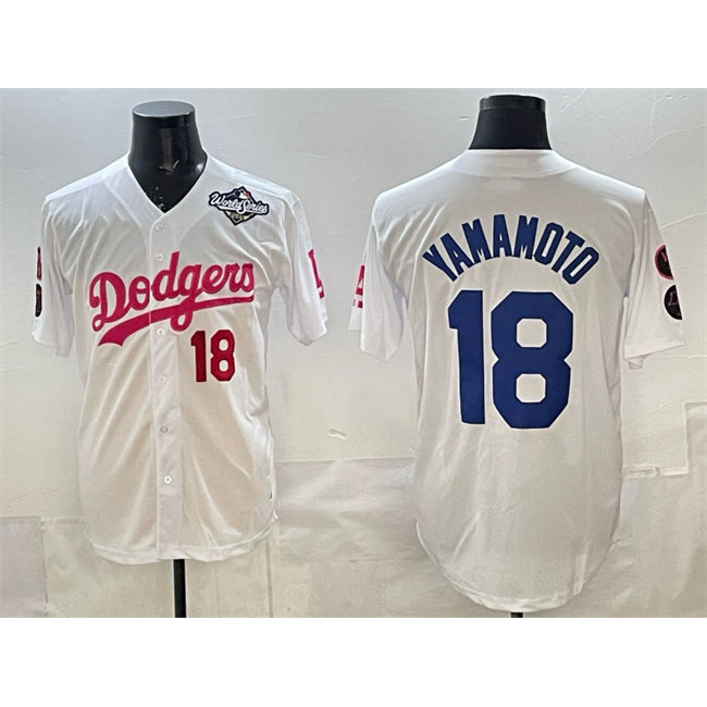 Los Angeles Dodgers #18 Yoshinobu Yamamoto White MIKSHPS Pink 2025 World Series Vin & Kobe Patch Limited Stitched Jersey