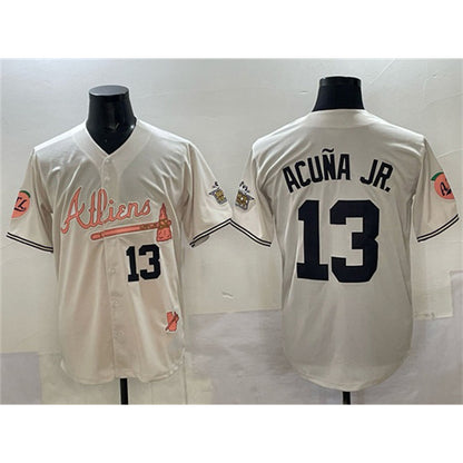 Atlanta Braves #13 Ronald Acuna Jr Cream MIKSHPS 2024 Atliens & Peach With Outkast Patch Vapor Limited Stitched Jersey