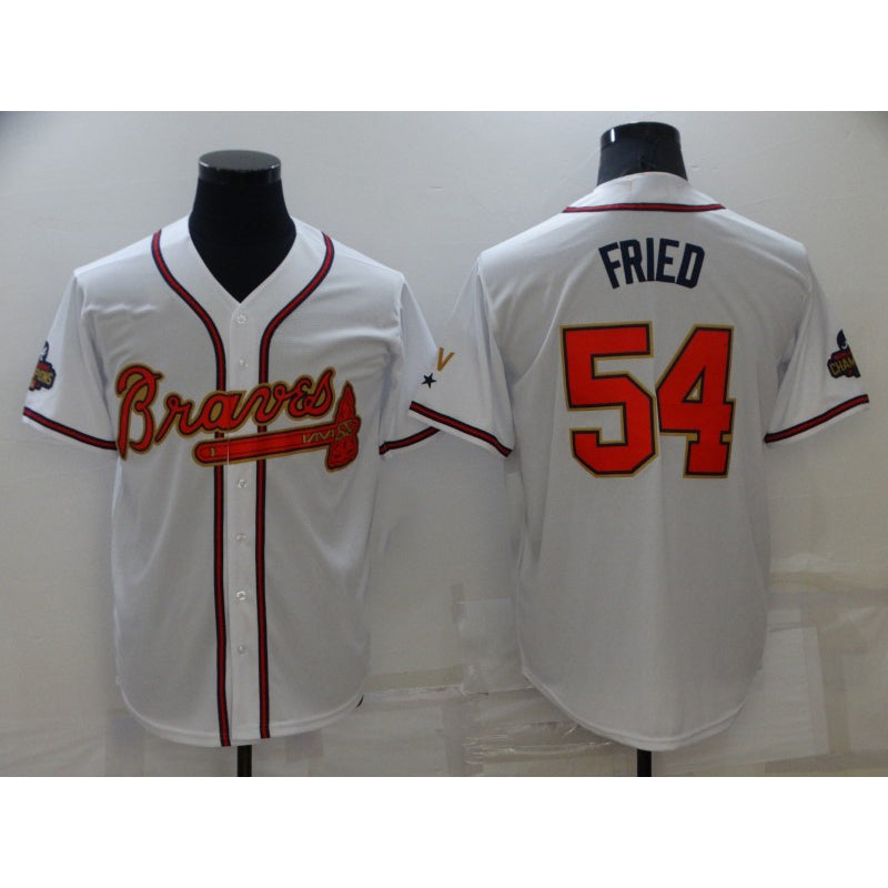 Atlanta Braves #54 Max Fried 2022 White Gold MIKSHPS World Series Champions Program Cool Base Stitched Jersey