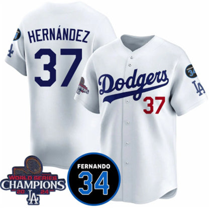 Los Angeles Dodgers #37 Teoscar Hernandez White MIKSHPS 2024 World Series Champions With Fernando Memorial Patch Vapor Premier Home Limited Stitched Jersey