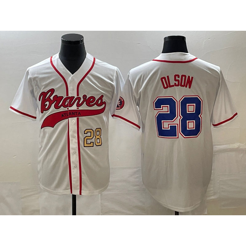 Atlanta Braves #28 Matt Olson Number White MIKSHPS Cool Base With Patch Stitched Jersey
