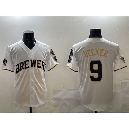 Milwaukee Brewers #9 Bob Uecker White Gold MIKSHPS With Home Patch Limited Stitched Jersey