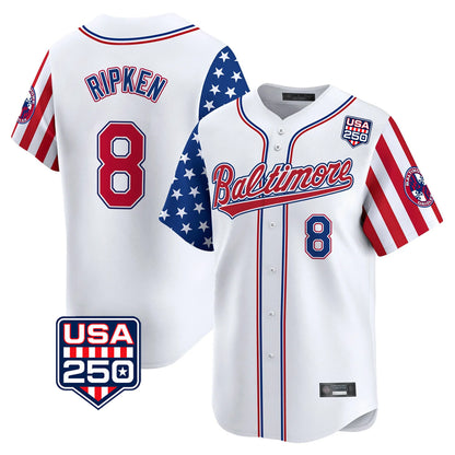 Baltimore Orioles #8 Cal Ripken Player White MIKSHPS USA 250 Independence Day Vapor Premier Limited Home Game Stitched Jerseys