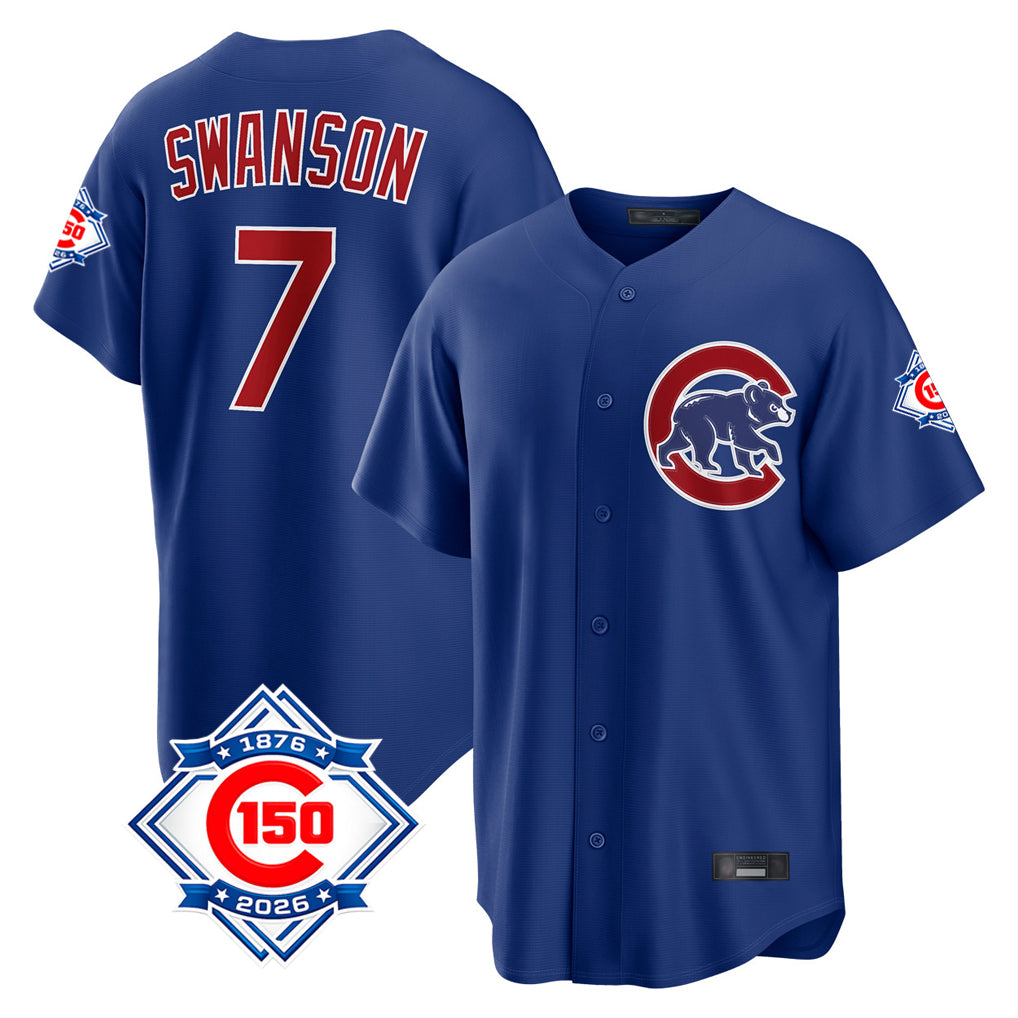 Chicago Cubs #7 Dansby Swanson Player Royal MIKSHPS 150th Anniversary Home Game Stitched Jerseys
