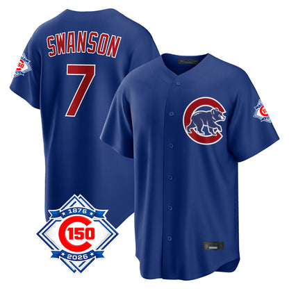 Chicago Cubs #7 Dansby Swanson Player Royal MIKSHPS 150th Anniversary Home Game Stitched Jerseys