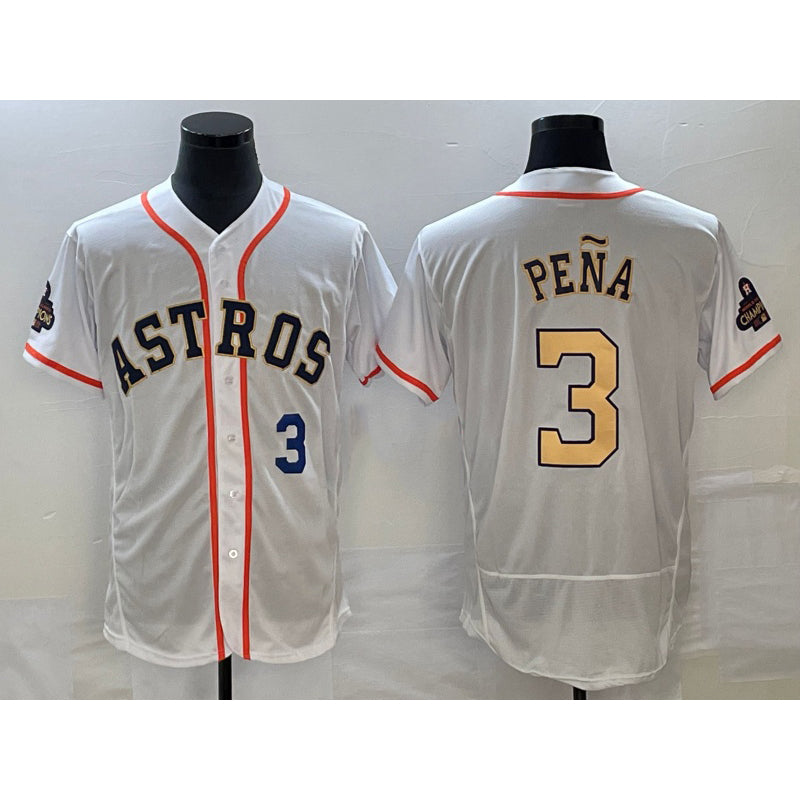 Houston Astros #3 Jeremy Pena Number 2023 White Gold MIKSHPS World Serise Champions Patch Flex Base Stitched Jersey 3