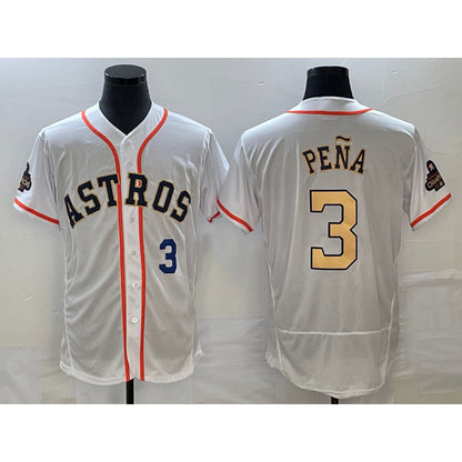 Houston Astros #3 Jeremy Pena Number 2023 White Gold MIKSHPS World Serise Champions Patch Flex Base Stitched Jersey 3