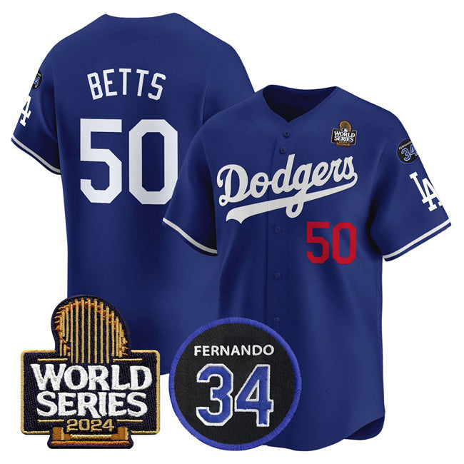 Los Angeles Dodgers #50 Mookie Betts Royal MIKSHPS 2024 World Series With Fernando Memorial Patch Limited Stitched Jersey