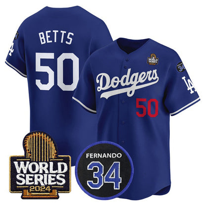 Los Angeles Dodgers #50 Mookie Betts Royal MIKSHPS 2024 World Series With Fernando Memorial Patch Limited Stitched Jersey