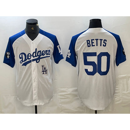 Los Angeles Dodgers #50 Mookie Betts White MIKSHPS Blue Fashion Stitched Cool Base Limited Jersey 2