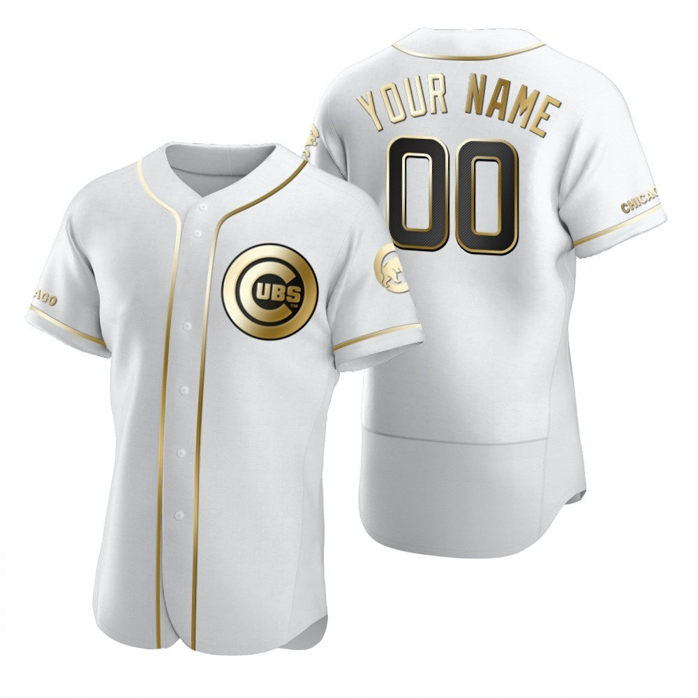 Custom Chicago Cubs White MIKSHPS Stitched Flex Base Golden Edition Jersey