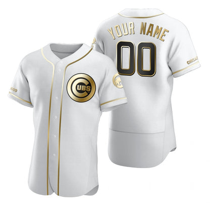 Custom Chicago Cubs White MIKSHPS Stitched Flex Base Golden Edition Jersey