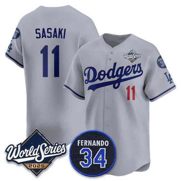 Los Angeles Dodgers #11 R¨­ki Sasaki Gray MIKSHPS 2025 World Series With No. 34 Patch Limited Stitched Jersey