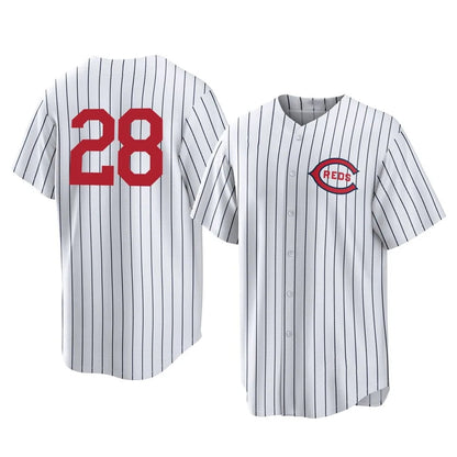 Cincinnati Reds #28 Eugenio Su¨¢rez Player White MIKSHPS Stripe Field of Dreams Game Home Stitched Jerseys