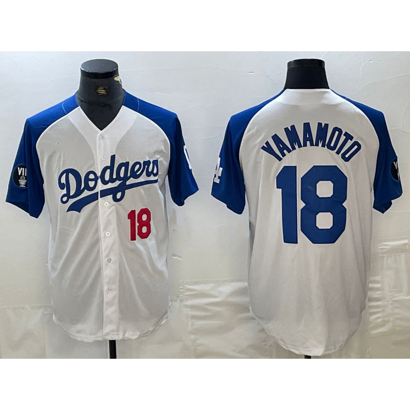 Los Angeles Dodgers #18 Yoshinobu Yamamoto Number White Blue MIKSHPS Fashion Stitched Cool Base Limited Jersey