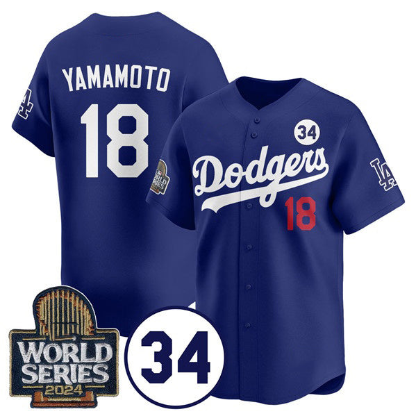Los Angeles Dodgers #18 Yoshinobu Yamamoto Royal MIKSHPS 2024 World Series With No. 34 Patch Cool Base Stitched Jersey