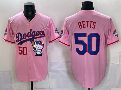 Los Angeles Dodgers #50 Mookie Betts Pink MIKSHPS Hello Kitty Night 2025 World Series Champions Patch Stitched Jersey