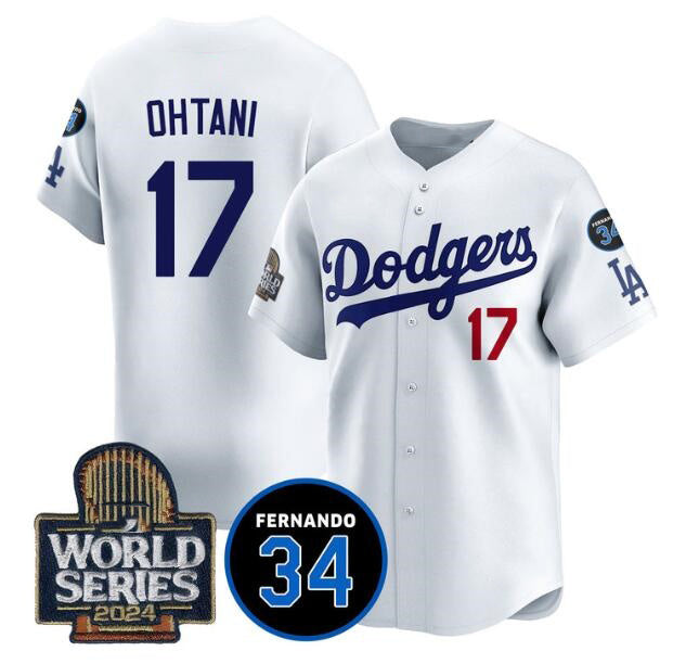 Los Angeles Dodgers #17 Shohei Ohtani White MIKSHPS 2024 World Series With Fernando Memorial Patch Limited Stitched Jersey