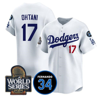 Los Angeles Dodgers #17 Shohei Ohtani White MIKSHPS 2024 World Series With Fernando Memorial Patch Limited Stitched Jersey