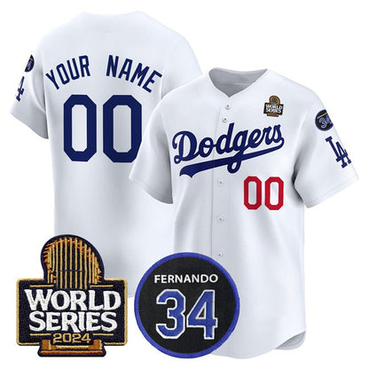 Custom Los Angeles Dodgers ACTIVE PLAYER White MIKSHPS 2024 World Series With Fernando Memorial Patch Limited Stitched Jersey