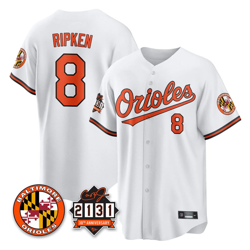 Baltimore Orioles #8 Cal Ripken Player White MIKSHPS 30th Anniversary of 2131 Home Game Stitched Jerseys