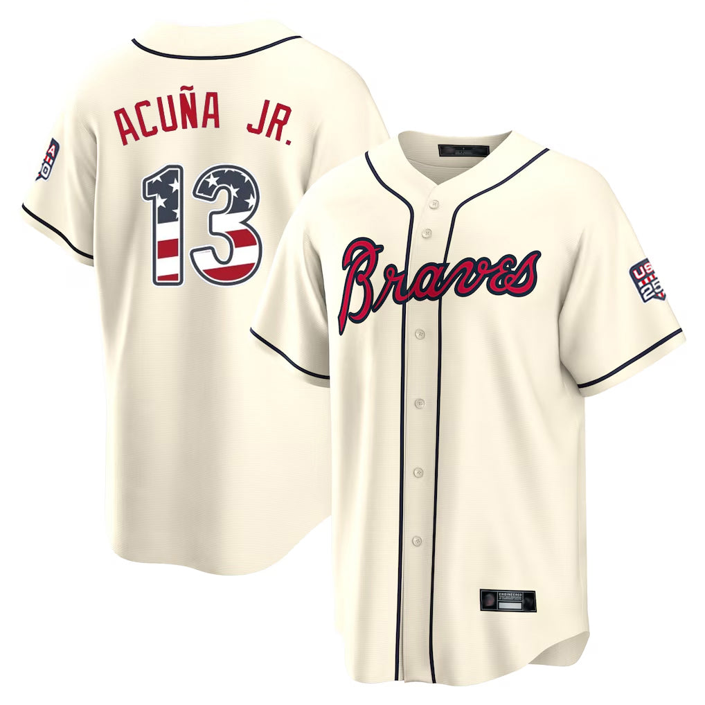 Atlanta Braves #13 Ronald Acuna Jr Player Cream MIKSHPS USA 250 Fourth Of July Limited Home Game Stitched Jerseys