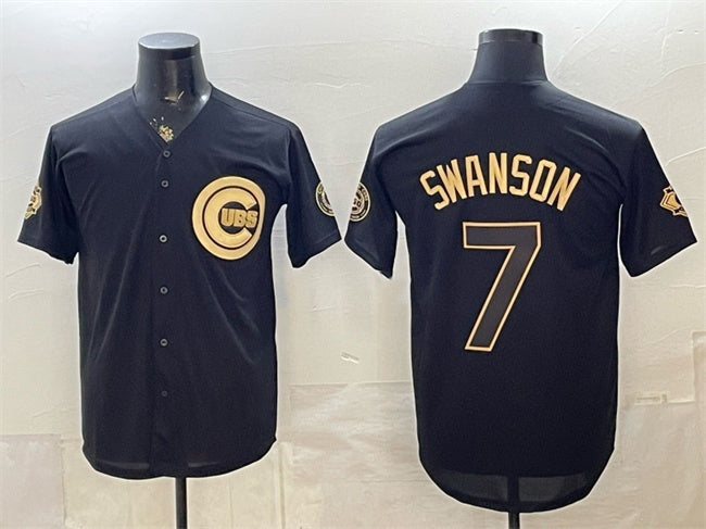 Chicago Cubs #7 Dansby Swanson Black Gold MIKSHPS 150th Anniversary Patch Stitched Jersey