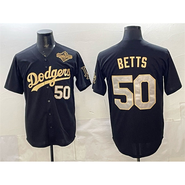 Los Angeles Dodgers #50 Mookie Betts Black Gold MIKSHPS 2025 World Series Patch Limited Stitched Jersey
