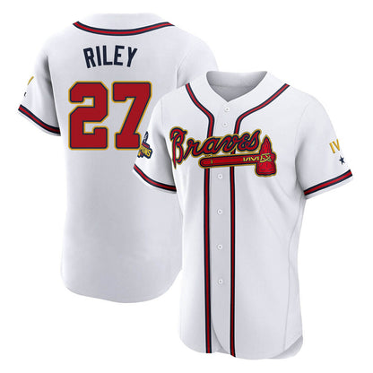Atlanta Braves #27 Austin Riley Player White Gold MIKSHPS Limited Elite Home Game Stitched Jerseys
