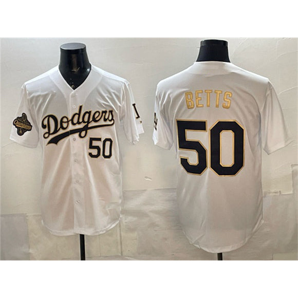 Los Angeles Dodgers #50 Mookie Betts White Gold MIKSHPS 2025 World Series Champions Patch Limited Stitched Jersey