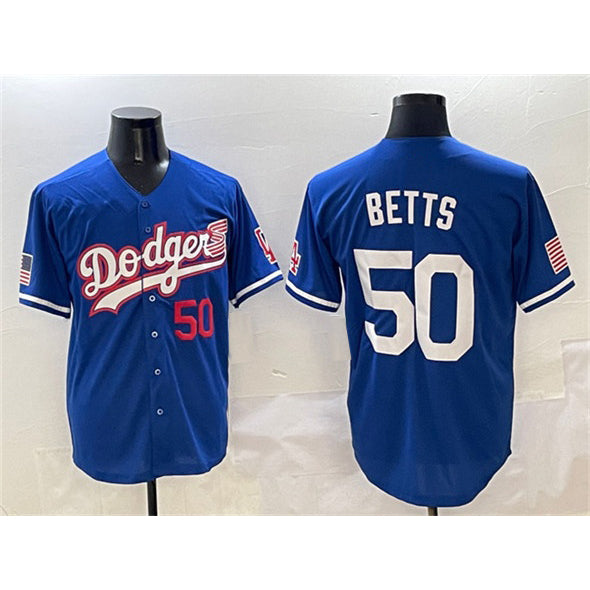 Los Angeles Dodgers #50 Mookie Betts Royal MIKSHPS With American Flag Patch Limited Stitched Jersey
