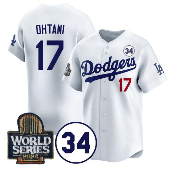 Los Angeles Dodgers #17 Shohei Ohtani White MIKSHPS 2024 World Series With No. 34 Patch Limited Stitched Jersey