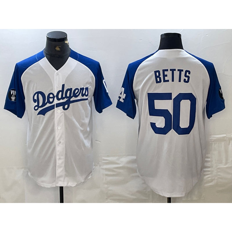 Los Angeles Dodgers #50 Mookie Betts White Blue MIKSHPS Fashion Stitched Cool Base Limited Jerseys