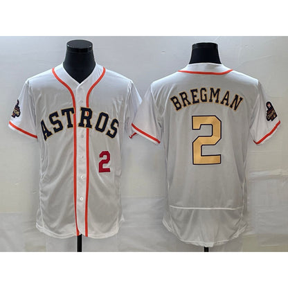 Houston Astros #2 Alex Bregman Number 2023 White Gold MIKSHPS World Serise Champions Patch Flex Base Stitched Jersey 2