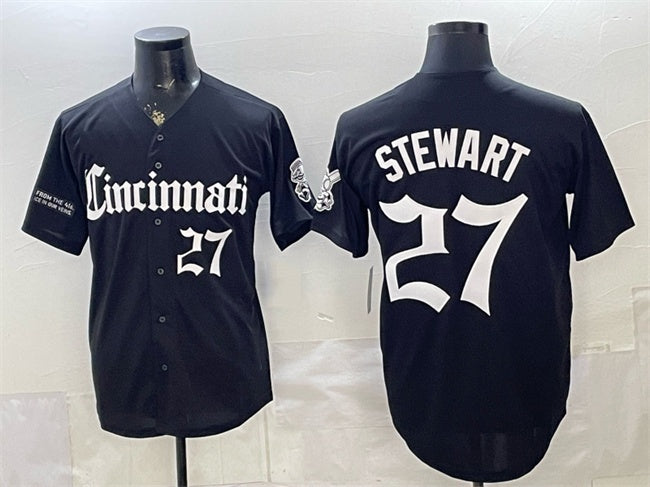 Cincinnati Reds #27 Sal Stewart Black MIKSHPS 'Gothic Queen City Edition' Vapor Premier Limited Stitched Jersey