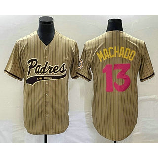 San Diego Padres #13 Manny Machado Tan MIKSHPS Pinstripe 2023 City Connect Cool Base Stitched Jersey 2