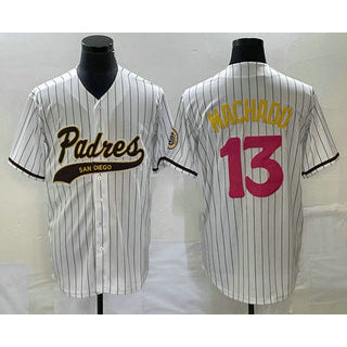 San Diego Padres #13 Manny Machado White MIKSHPS Pinstripe 2023 City Connect Cool Base Stitched Jersey 2
