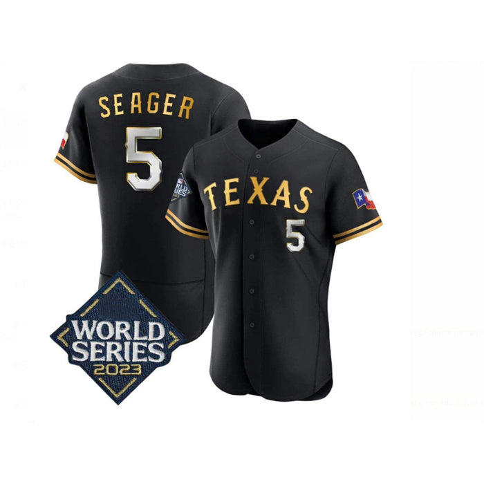 Texas Rangers #5 Corey Seager Black Gold MIKSHPS 2023 World Series Flex Base Stitched Jersey