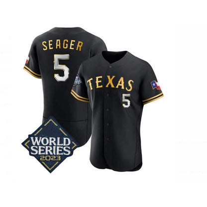 Texas Rangers #5 Corey Seager Black Gold MIKSHPS 2023 World Series Flex Base Stitched Jersey