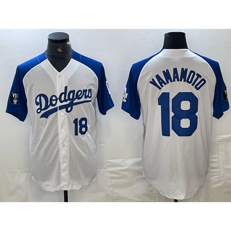 Los Angeles Dodgers #18 Yoshinobu Yamamoto Number White Blue MIKSHPS Fashion Stitched Cool Base Limited Jersey 2