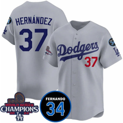 Los Angeles Dodgers #37 Teoscar Hernandez Gray MIKSHPS 2024 World Series Champions With Fernando Memorial Patch Vapor Premier Limited Stitched Jersey