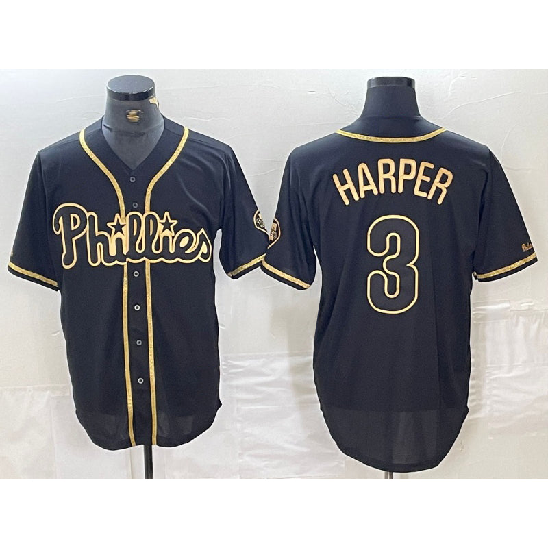 Philadelphia Phillies #3 Bryce Harper Black Gold MIKSHPS Cool Base Stitched Jersey