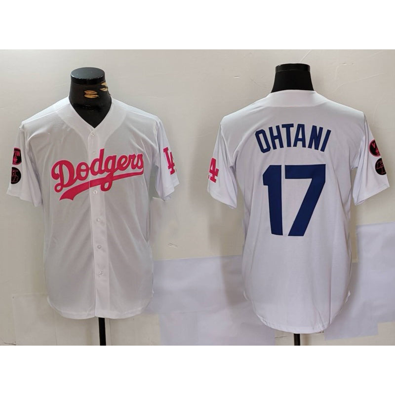 Los Angeles Dodgers #17 Shohei Ohtani White Pink MIKSHPS Vin & Kobe Patch Stitched Jersey 2